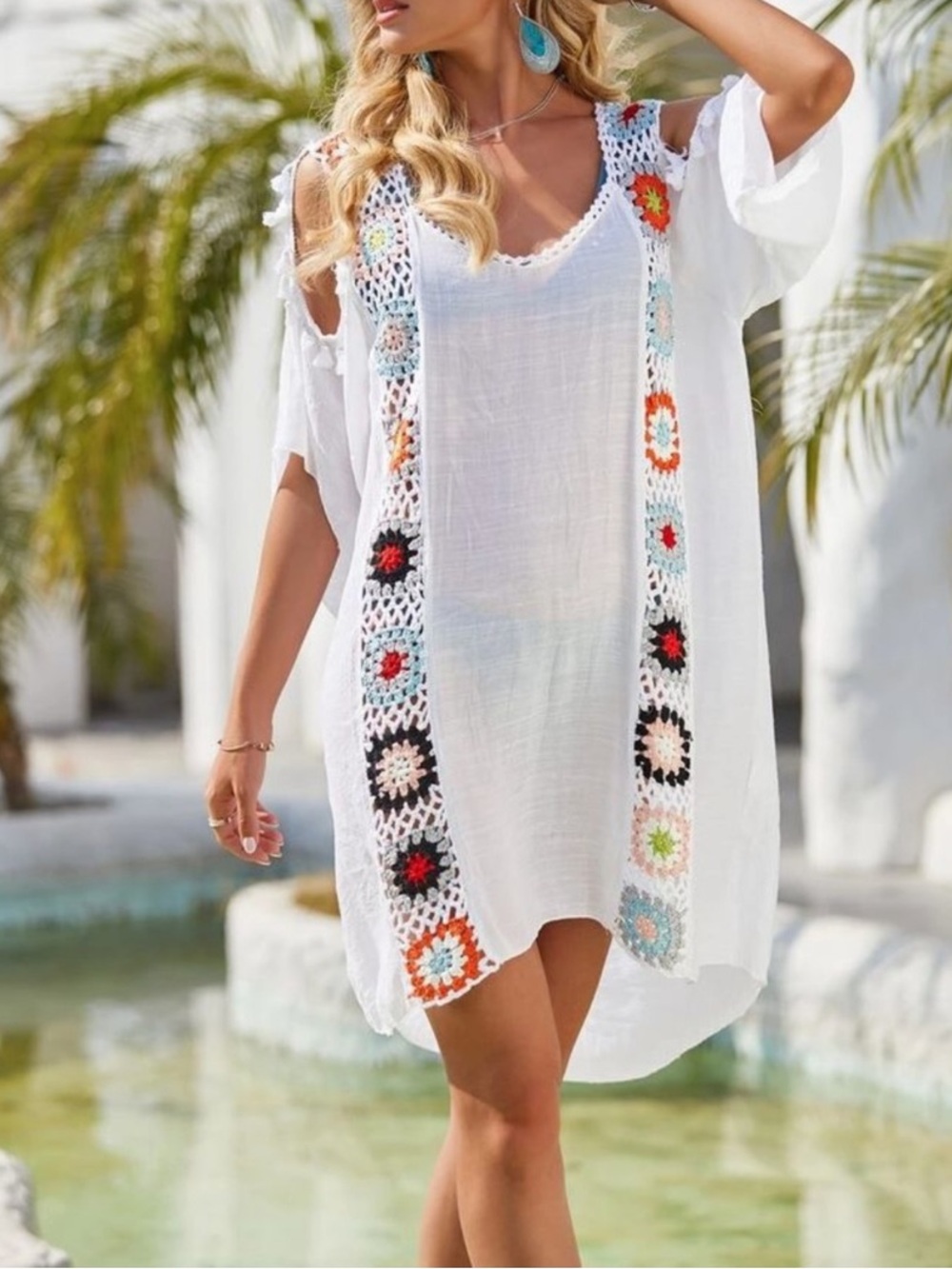 Cold Shoulder Women’s White Floral Cover Up Dress Crochet Flower Strips